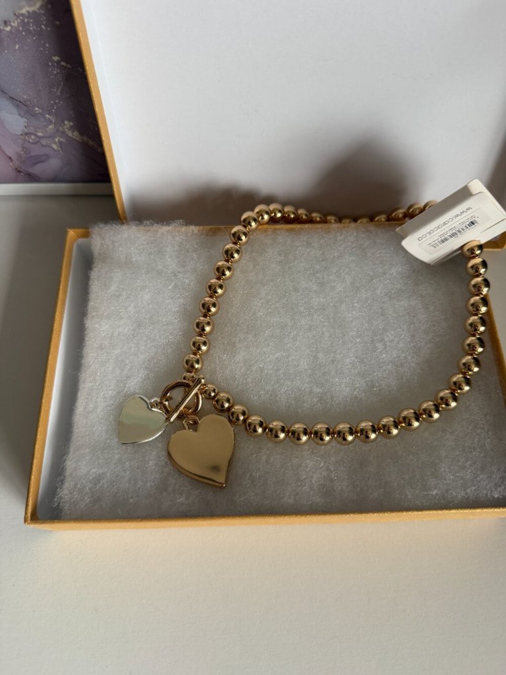 Caracol Gold Beaded Necklace Toggle Clasp Double Heart Charm Minimalist Jewelry